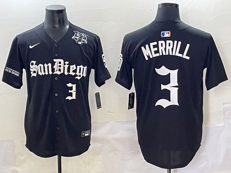 Men 2025 San Diego Padres #3 Merrill Black Five generations Joint Name Nike MLB Jersey style 11